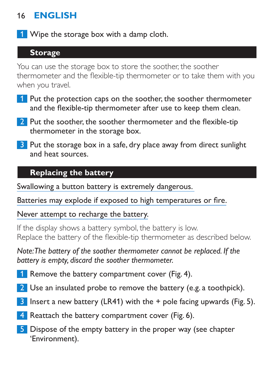 Storage, Replacing the battery | Philips AVENT SCH540 User Manual | Page 16 / 114