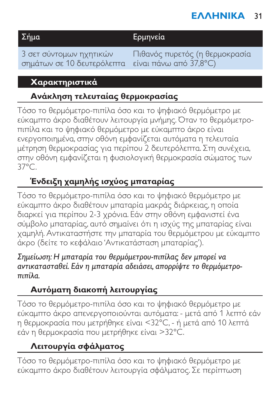 Χαρακτηριστικά, Ανάκληση τελευταίας θερμοκρασίας, Ένδειξη χαμηλής ισχύος μπαταρίας | Αυτόματη διακοπή λειτουργίας, Λειτουργία σφάλματος | Philips AVENT SCH540 User Manual | Page 31 / 114