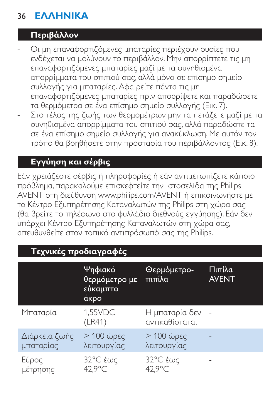 Περιβάλλον, Εγγύηση και σέρβις, Τεχνικές προδιαγραφές | Philips AVENT SCH540 User Manual | Page 36 / 114
