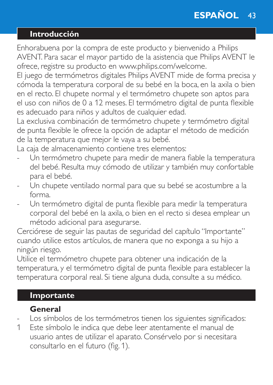 General, Español, Introducción | Importante | Philips AVENT SCH540 User Manual | Page 43 / 114