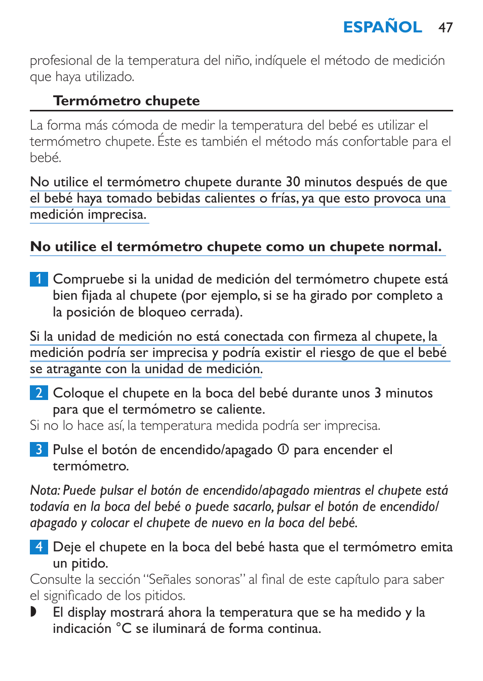 Termómetro chupete | Philips AVENT SCH540 User Manual | Page 47 / 114