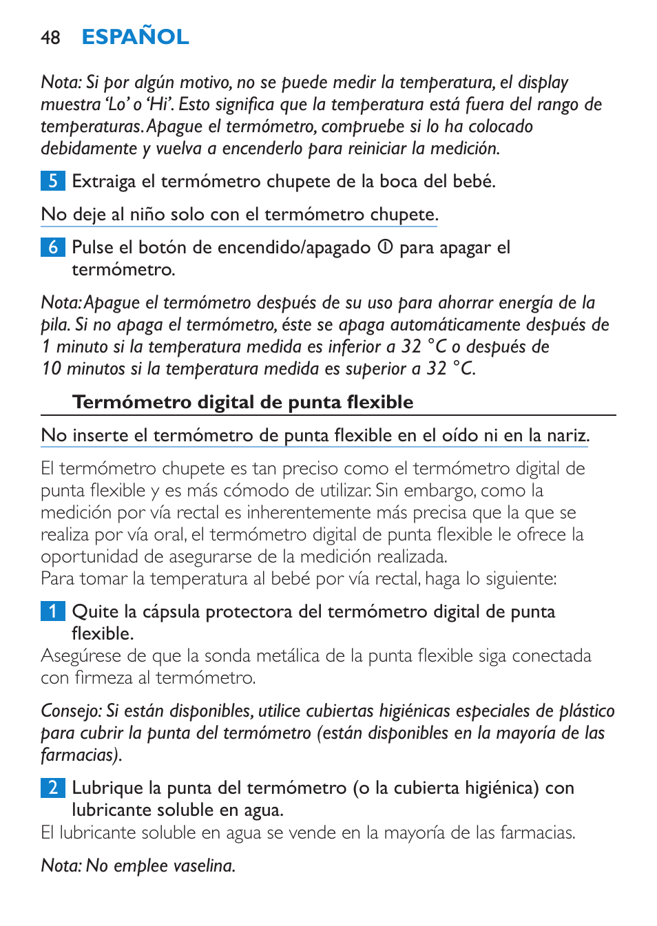 Termómetro digital de punta flexible | Philips AVENT SCH540 User Manual | Page 48 / 114