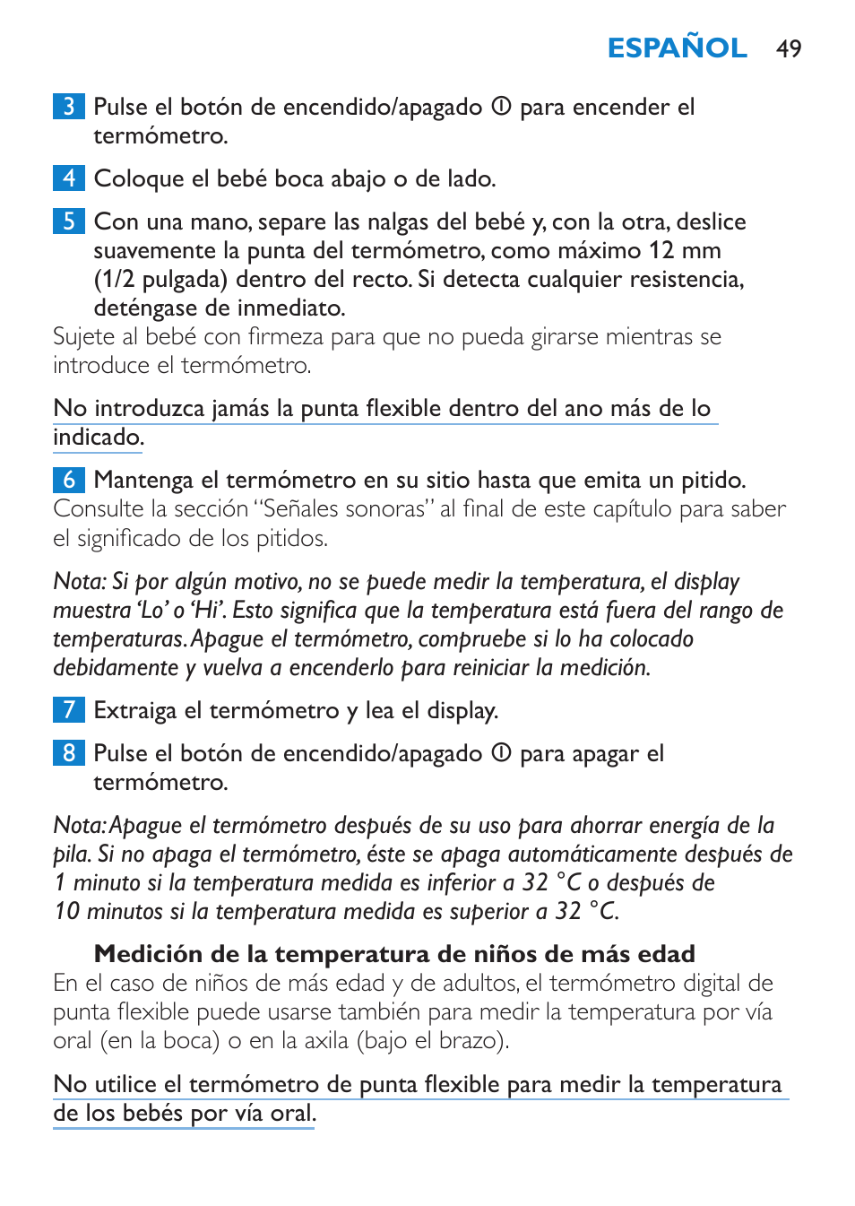 Medición de la temperatura de niños de más edad | Philips AVENT SCH540 User Manual | Page 49 / 114