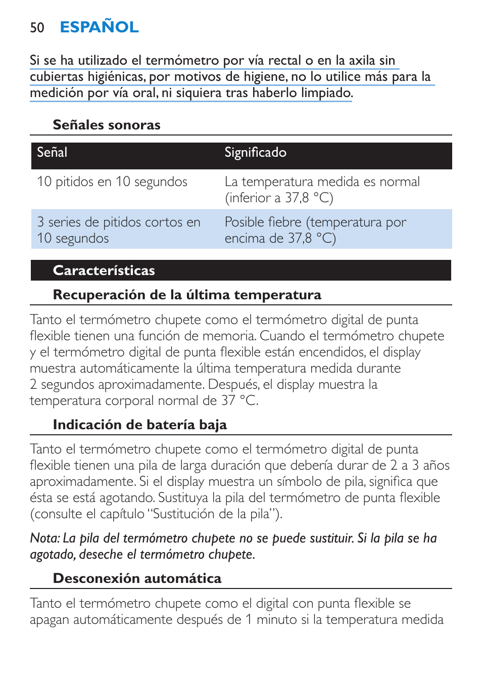 Señales sonoras, Características, Recuperación de la última temperatura | Indicación de batería baja, Desconexión automática | Philips AVENT SCH540 User Manual | Page 50 / 114