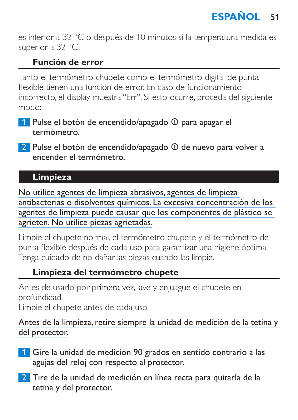 Función de error, Limpieza, Limpieza del termómetro chupete | Philips AVENT SCH540 User Manual | Page 51 / 114