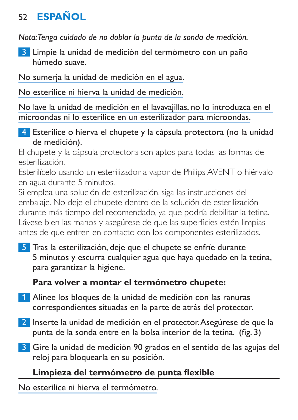 Para volver a montar el termómetro chupete, Limpieza del termómetro de punta flexible | Philips AVENT SCH540 User Manual | Page 52 / 114