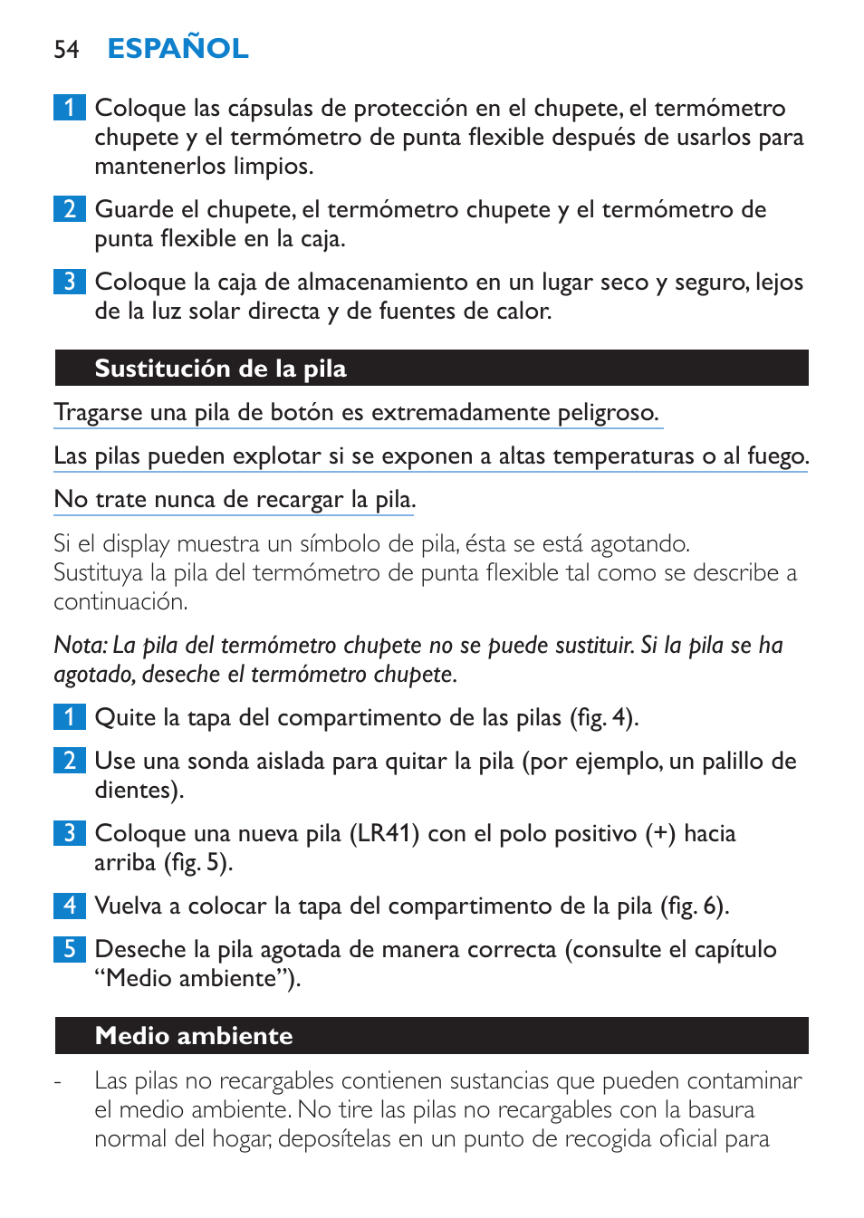 Sustitución de la pila, Medio ambiente | Philips AVENT SCH540 User Manual | Page 54 / 114