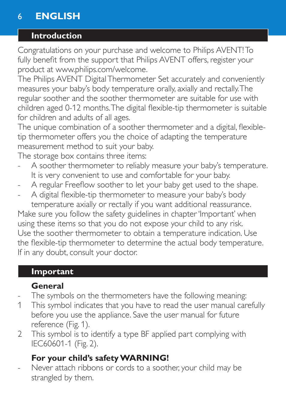 English, Introduction, Important | General, For your child’s safety warning | Philips AVENT SCH540 User Manual | Page 6 / 114