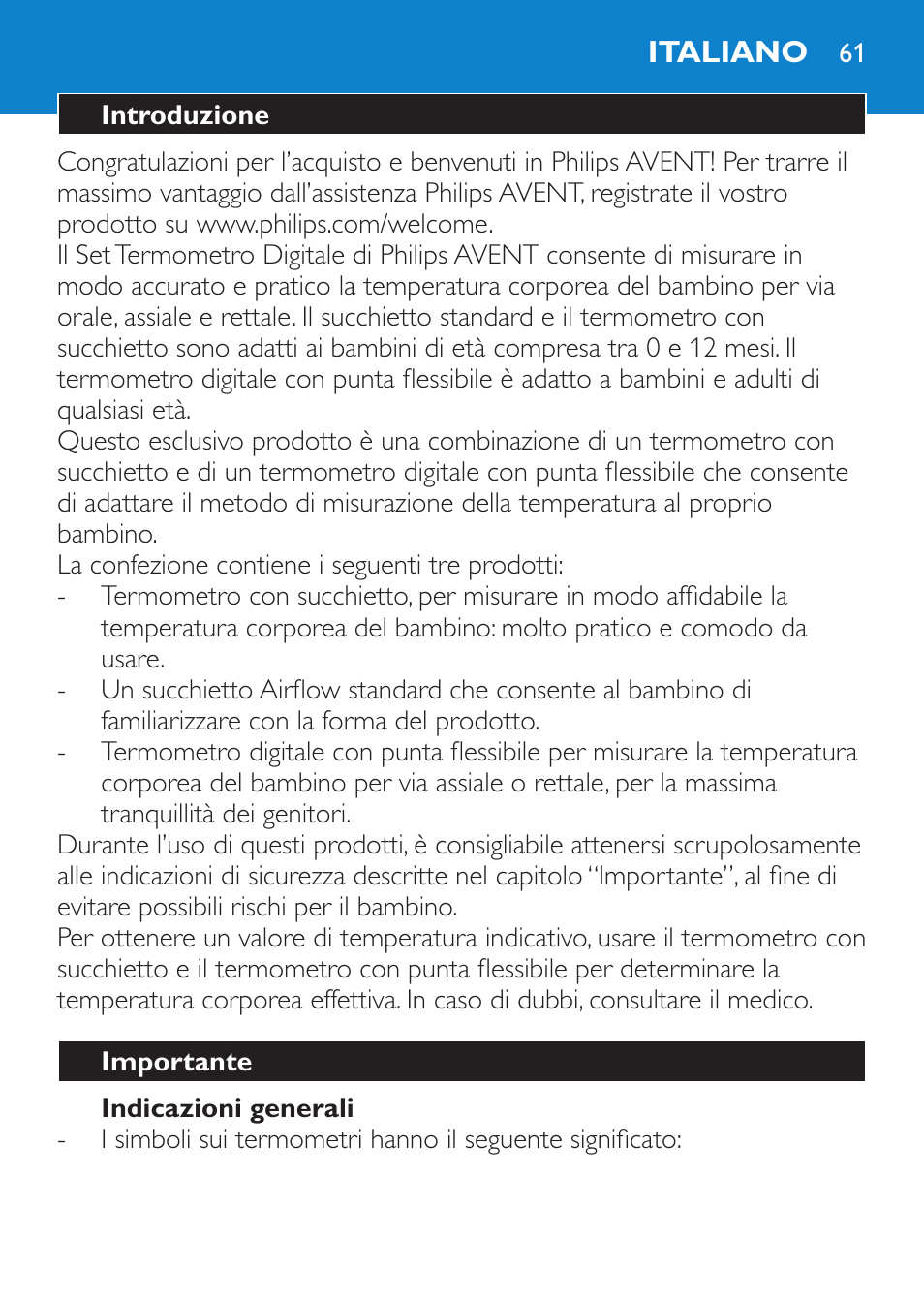 Indicazioni generali, Italiano, Introduzione | Importante | Philips AVENT SCH540 User Manual | Page 61 / 114