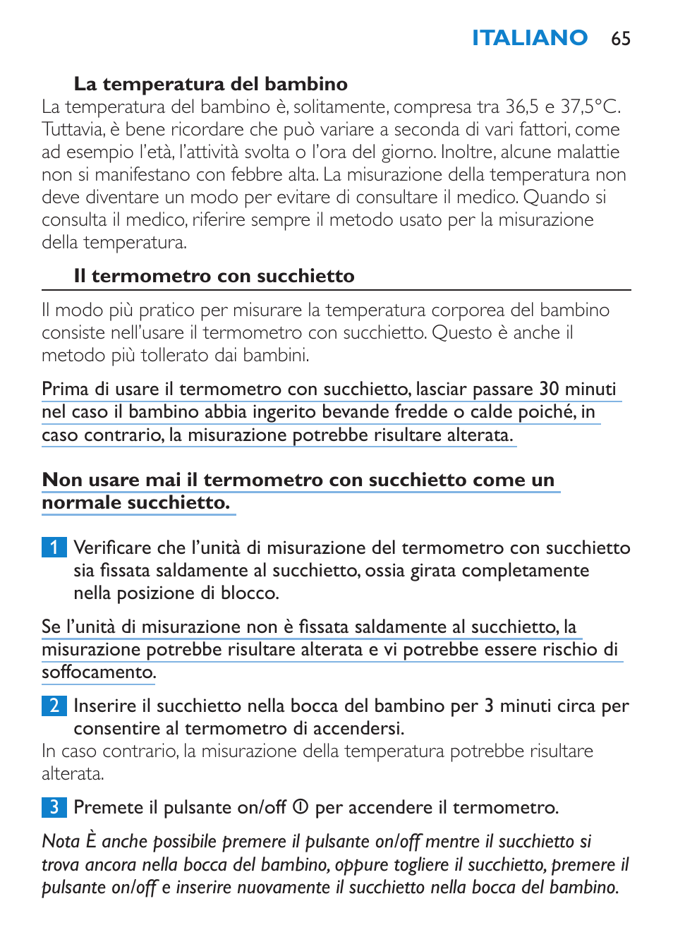 La temperatura del bambino, Il termometro con succhietto | Philips AVENT SCH540 User Manual | Page 65 / 114