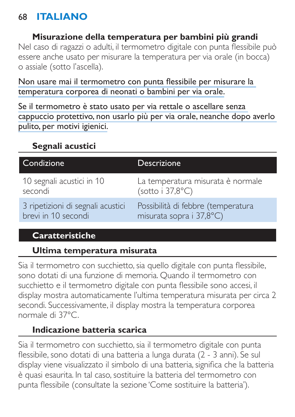 Segnali acustici, Caratteristiche, Ultima temperatura misurata | Indicazione batteria scarica | Philips AVENT SCH540 User Manual | Page 68 / 114