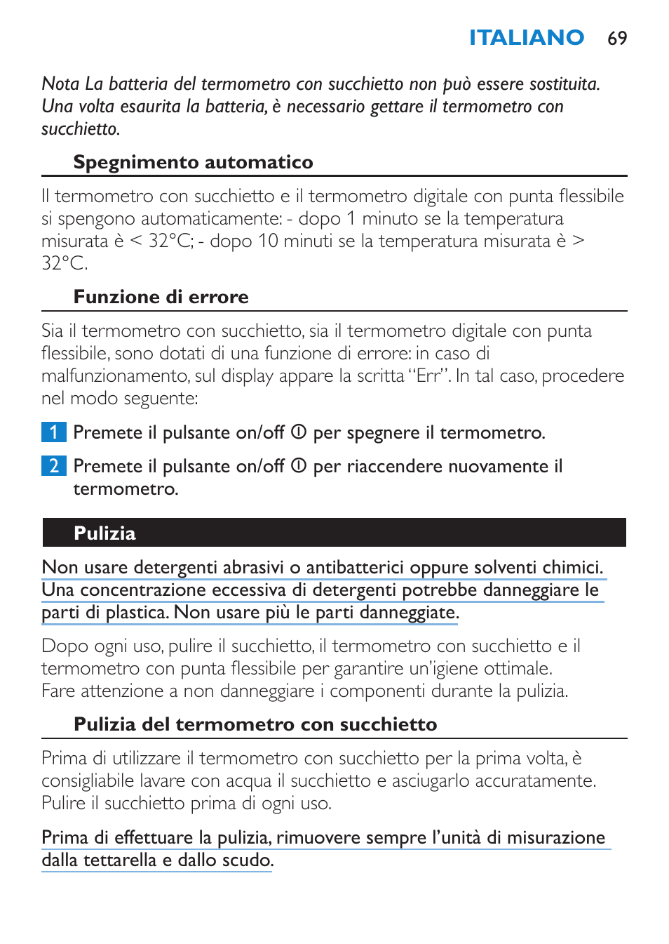 Spegnimento automatico, Funzione di errore, Pulizia | Pulizia del termometro con succhietto | Philips AVENT SCH540 User Manual | Page 69 / 114