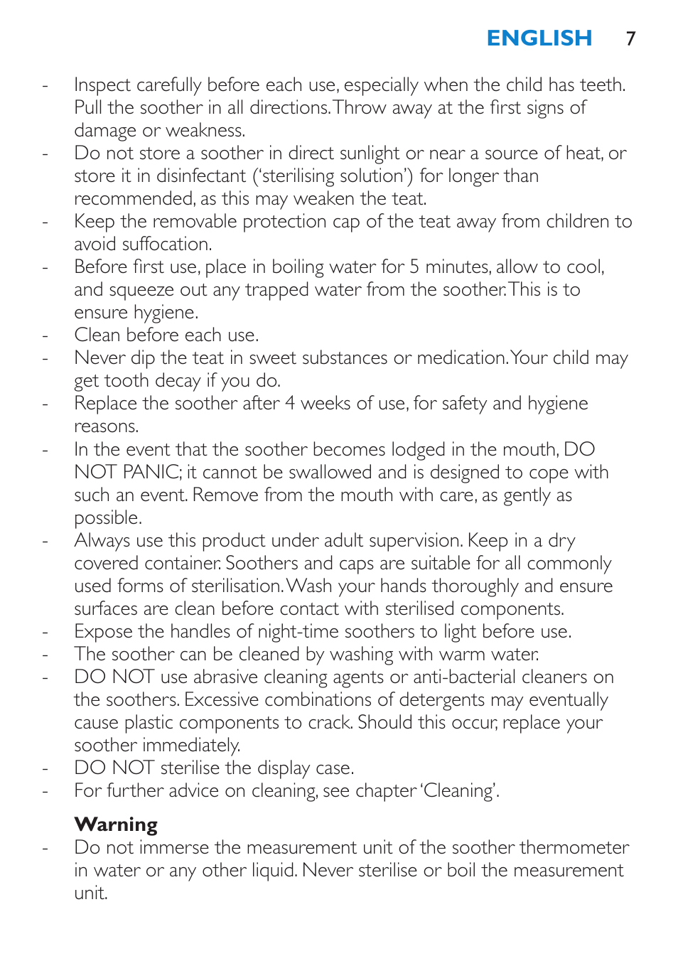 Warning | Philips AVENT SCH540 User Manual | Page 7 / 114