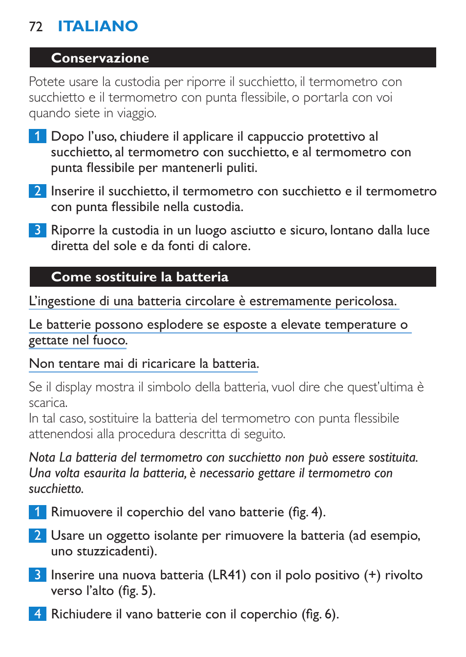 Conservazione, Come sostituire la batteria | Philips AVENT SCH540 User Manual | Page 72 / 114