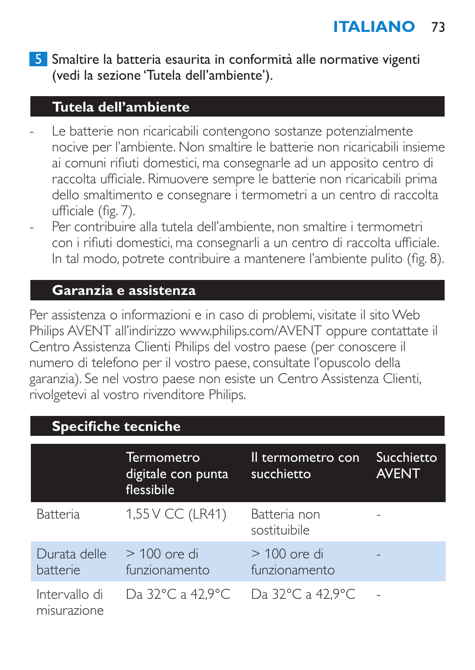 Tutela dell’ambiente, Garanzia e assistenza, Specifiche tecniche | Philips AVENT SCH540 User Manual | Page 73 / 114