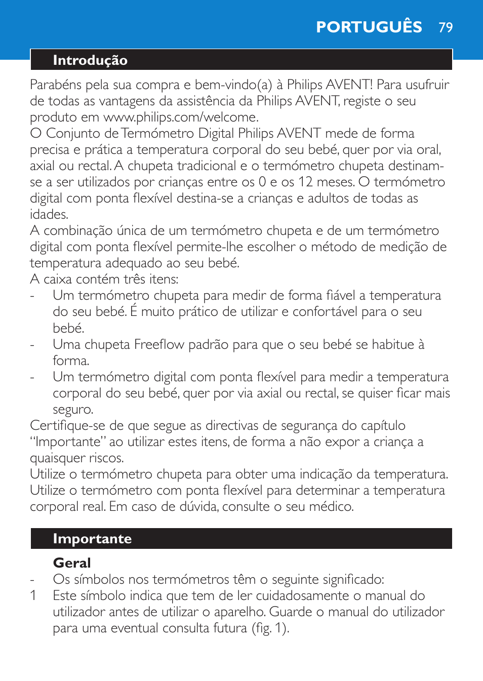 Geral, Português, Introdução | Importante | Philips AVENT SCH540 User Manual | Page 79 / 114