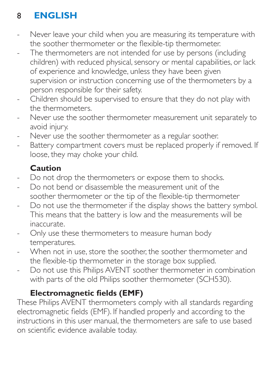 Caution, Electromagnetic fields (emf) | Philips AVENT SCH540 User Manual | Page 8 / 114