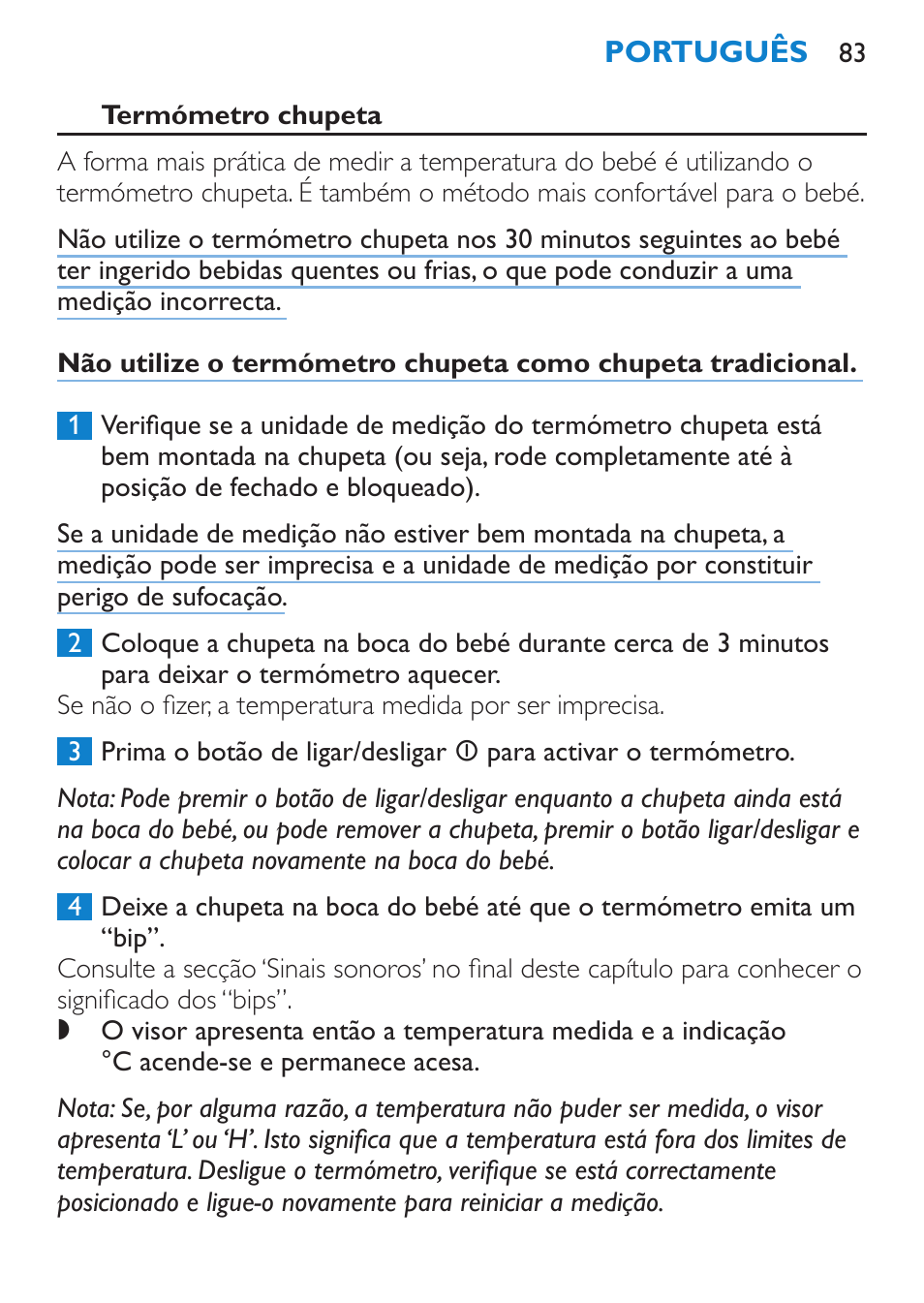 Termómetro chupeta | Philips AVENT SCH540 User Manual | Page 83 / 114