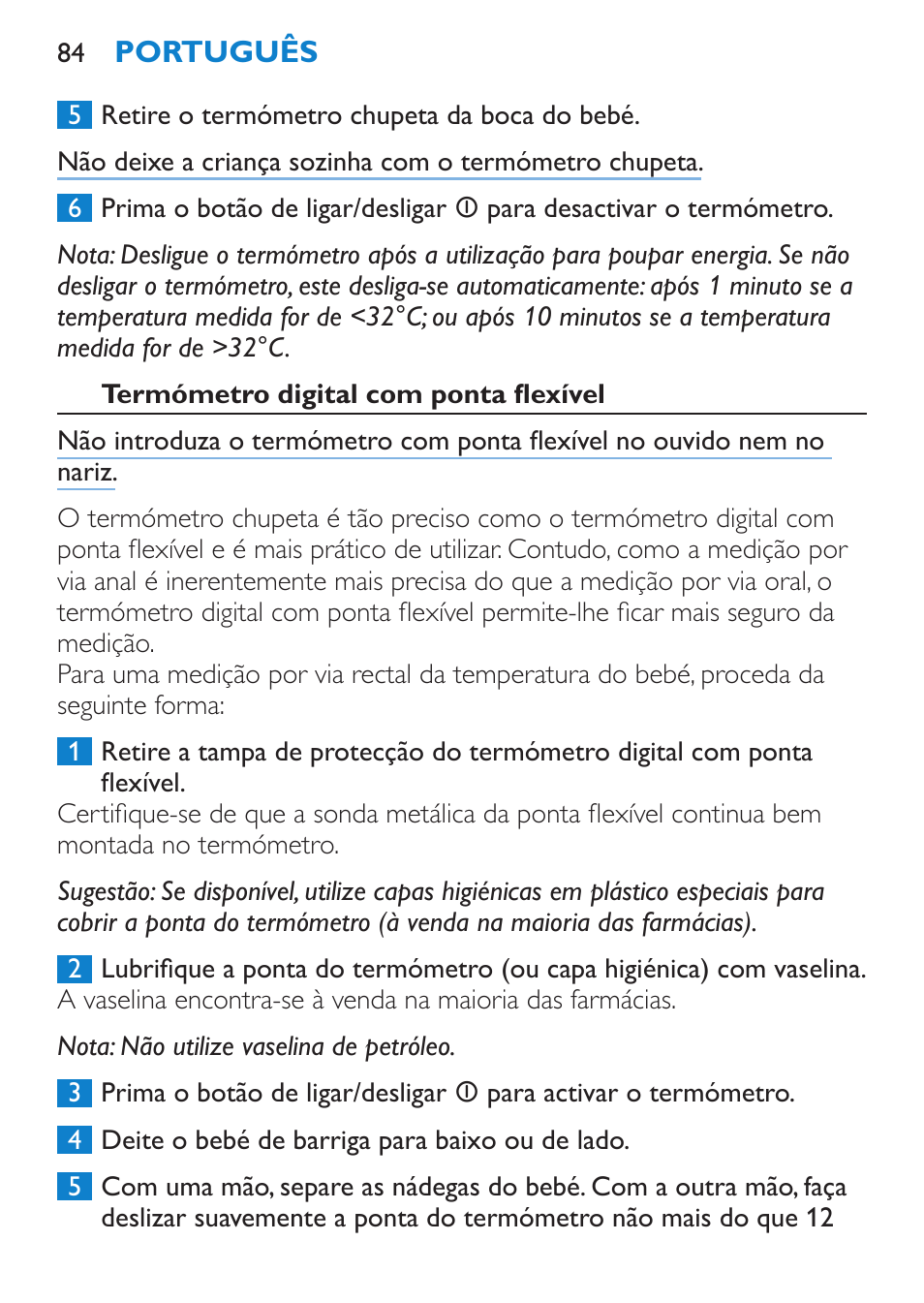 Termómetro digital com ponta flexível | Philips AVENT SCH540 User Manual | Page 84 / 114