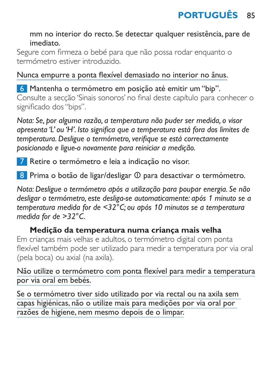 Medição da temperatura numa criança mais velha | Philips AVENT SCH540 User Manual | Page 85 / 114