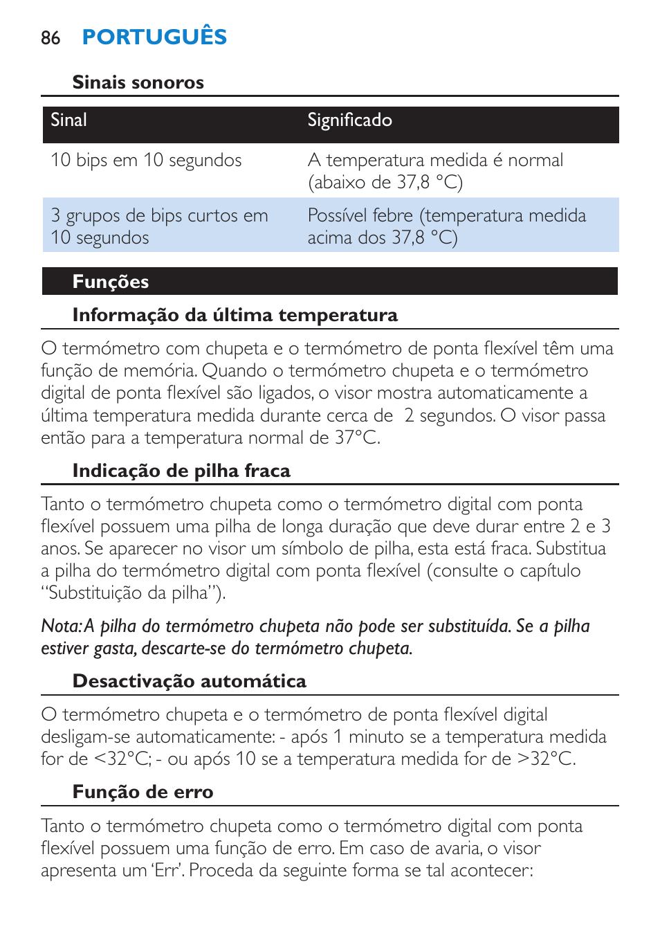 Sinais sonoros, Funções, Informação da última temperatura | Indicação de pilha fraca, Desactivação automática, Função de erro | Philips AVENT SCH540 User Manual | Page 86 / 114