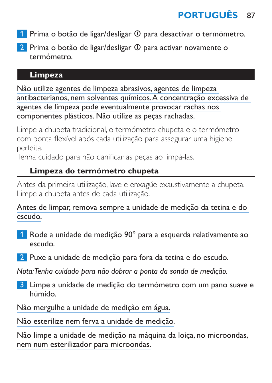 Limpeza, Limpeza do termómetro chupeta | Philips AVENT SCH540 User Manual | Page 87 / 114