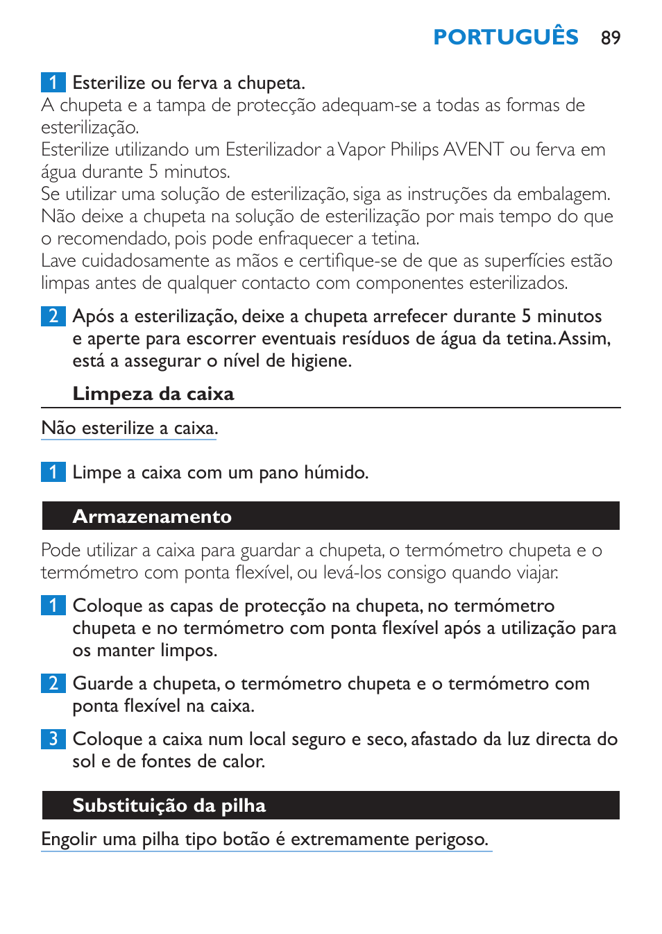 Limpeza da caixa, Armazenamento, Substituição da pilha | Philips AVENT SCH540 User Manual | Page 89 / 114