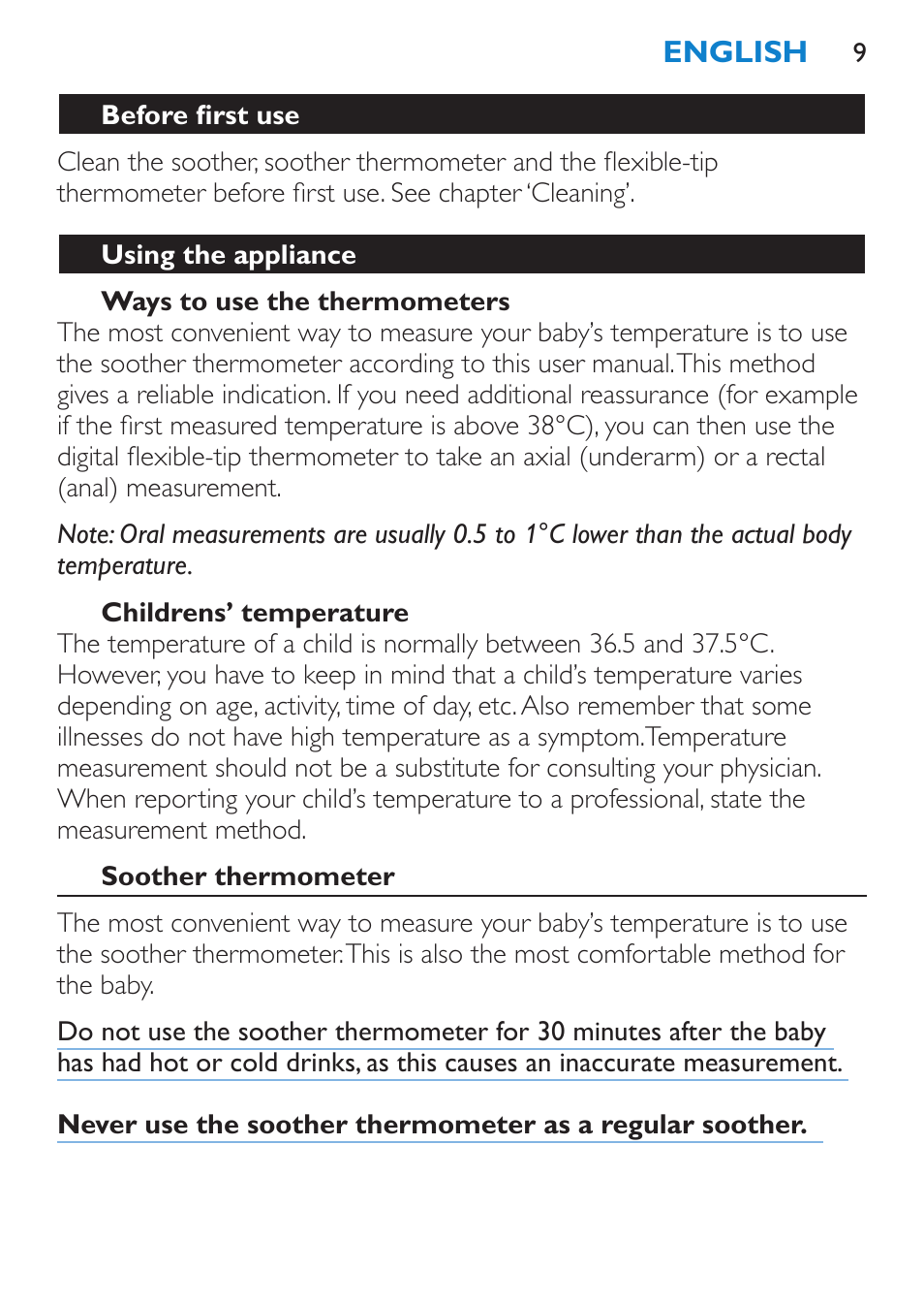 Before first use, Using the appliance, Ways to use the thermometers | Childrens’ temperature, Soother thermometer | Philips AVENT SCH540 User Manual | Page 9 / 114