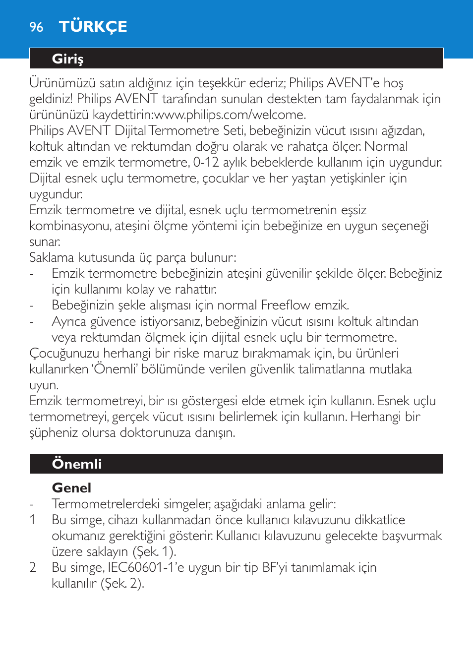 Genel, Türkçe, Giriş | Önemli | Philips AVENT SCH540 User Manual | Page 96 / 114