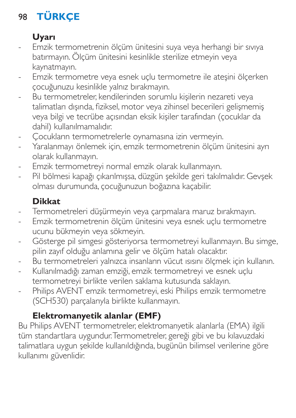 Uyarı, Dikkat, Elektromanyetik alanlar (emf) | Philips AVENT SCH540 User Manual | Page 98 / 114