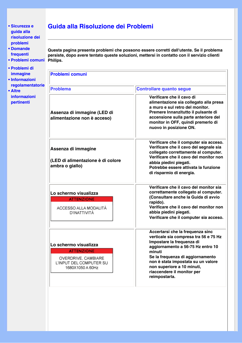 Guida alla risoluzione dei problemi, Dei problemi, Risoluzione dei problemi | Philips LCD MONITOR 220VW8 User Manual | Page 12 / 90