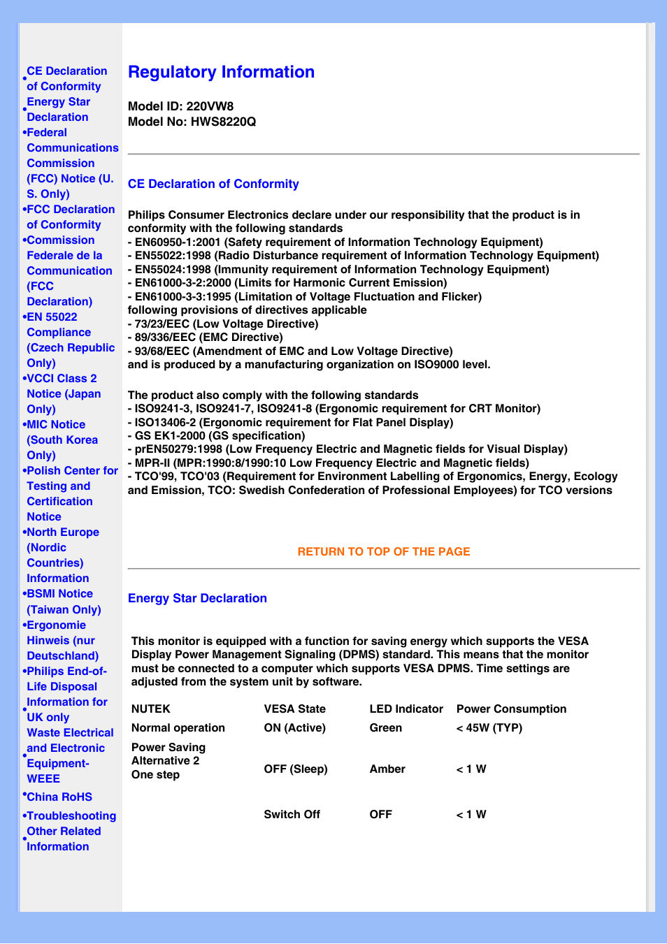 Regulatory information, Legali, Regolamentatorie | Philips LCD MONITOR 220VW8 User Manual | Page 15 / 90