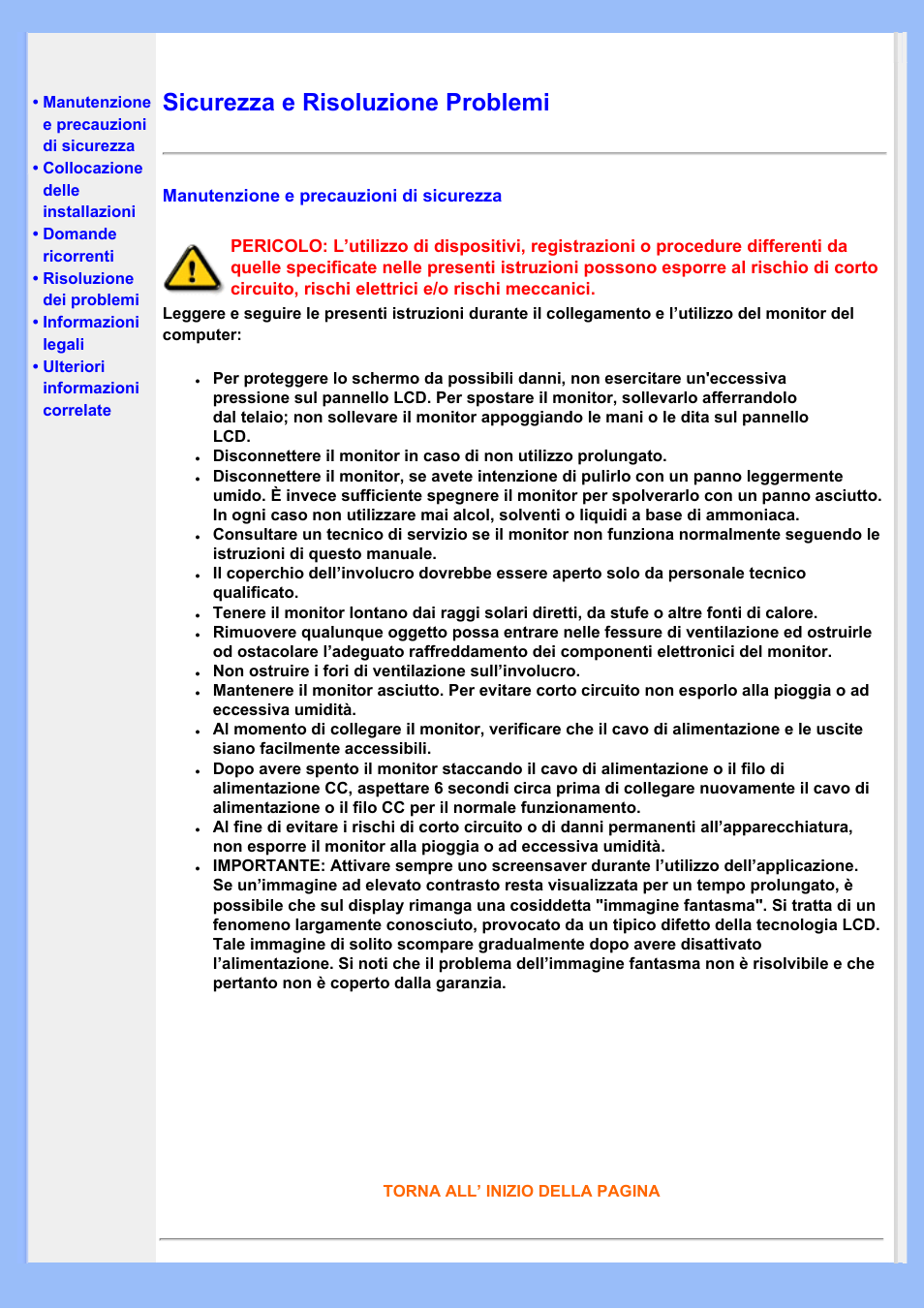 Sicurezza e risoluzione problemi | Philips LCD MONITOR 220VW8 User Manual | Page 2 / 90