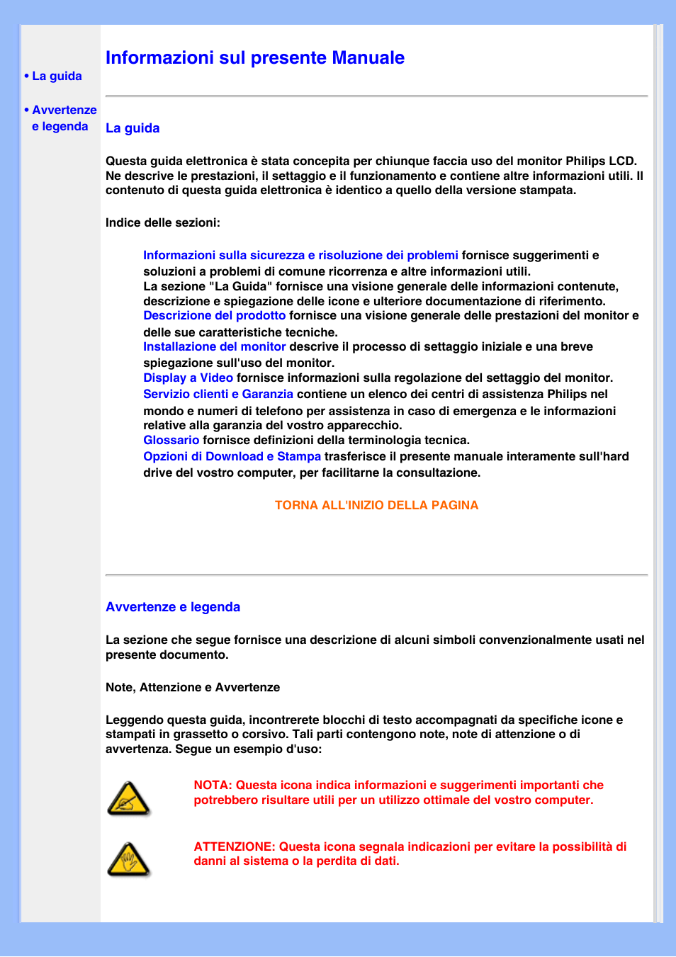 Informazione su questa manuale, Informazioni sul presente manuale | Philips LCD MONITOR 220VW8 User Manual | Page 25 / 90
