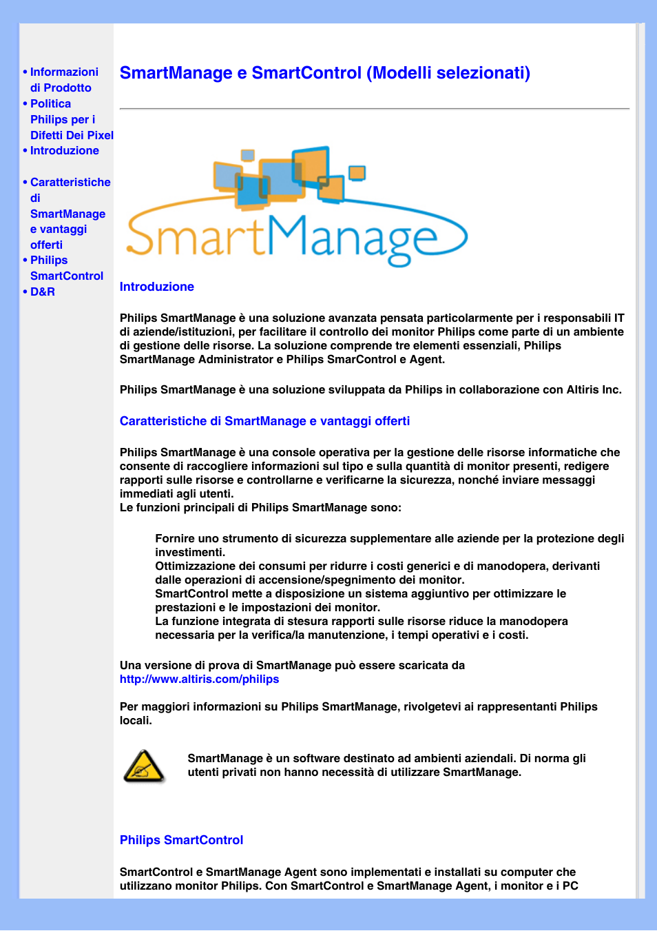 Smartmanage, Smartmanage e smartcontrol (modelli selezionati) | Philips LCD MONITOR 220VW8 User Manual | Page 38 / 90