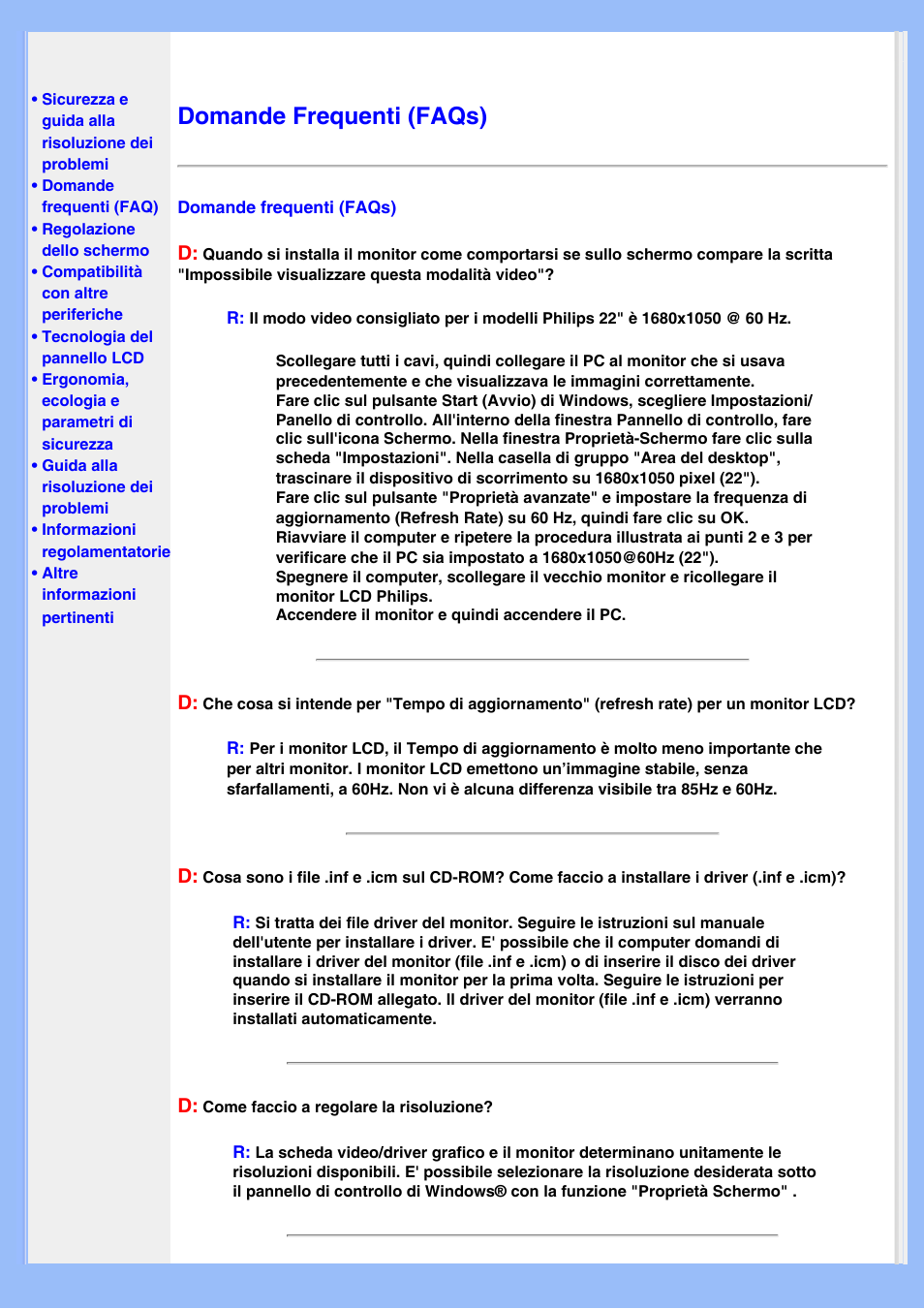 Domande frequenti (faqs), Ricorrenti | Philips LCD MONITOR 220VW8 User Manual | Page 4 / 90