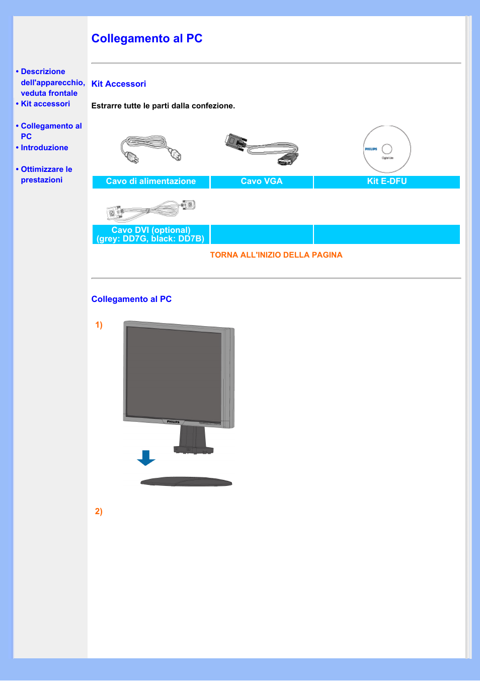 Collegamento al pc | Philips LCD MONITOR 220VW8 User Manual | Page 48 / 90