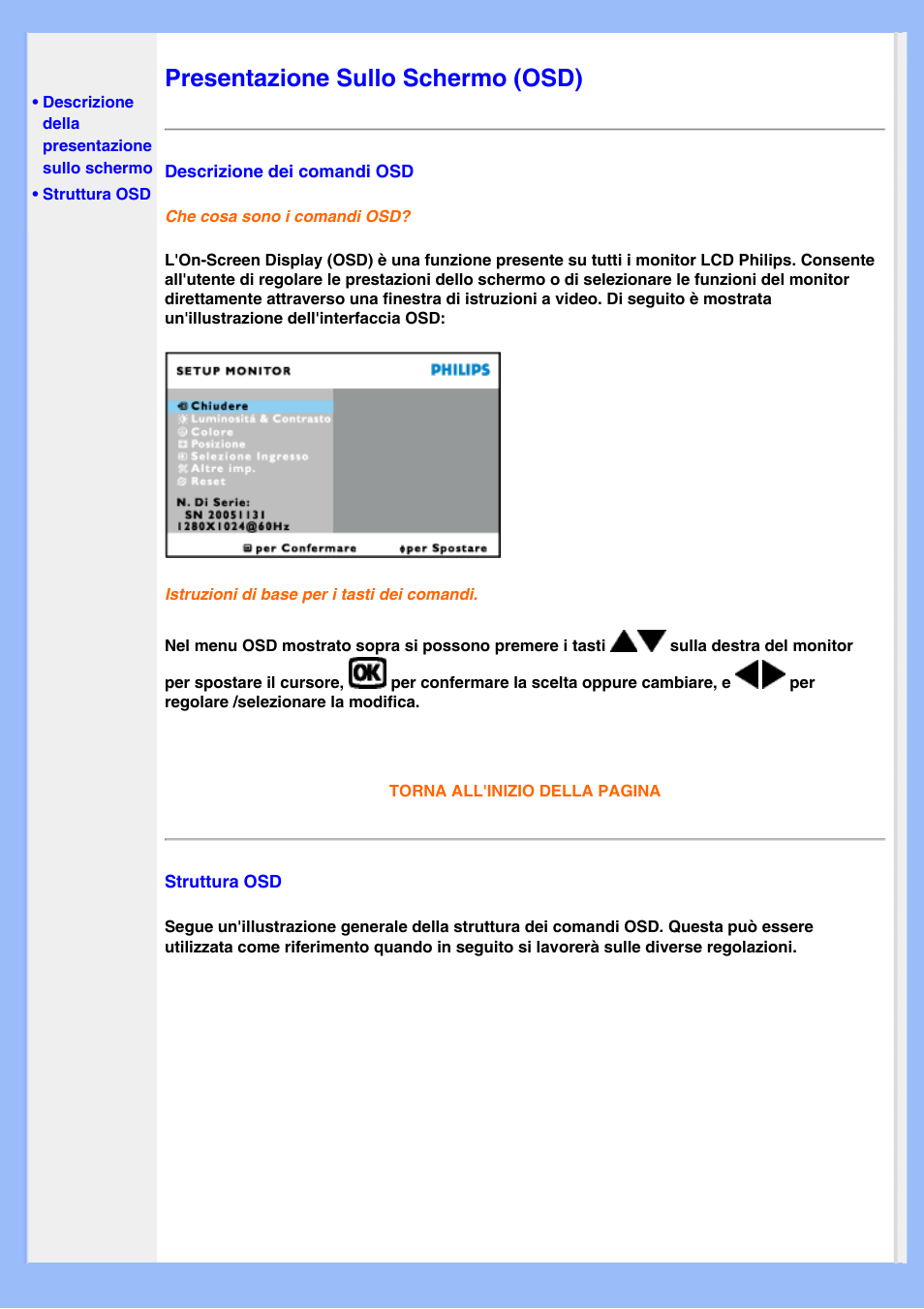 On-screen display, Display a video, Presentazione sullo schermo (osd) | Philips LCD MONITOR 220VW8 User Manual | Page 54 / 90