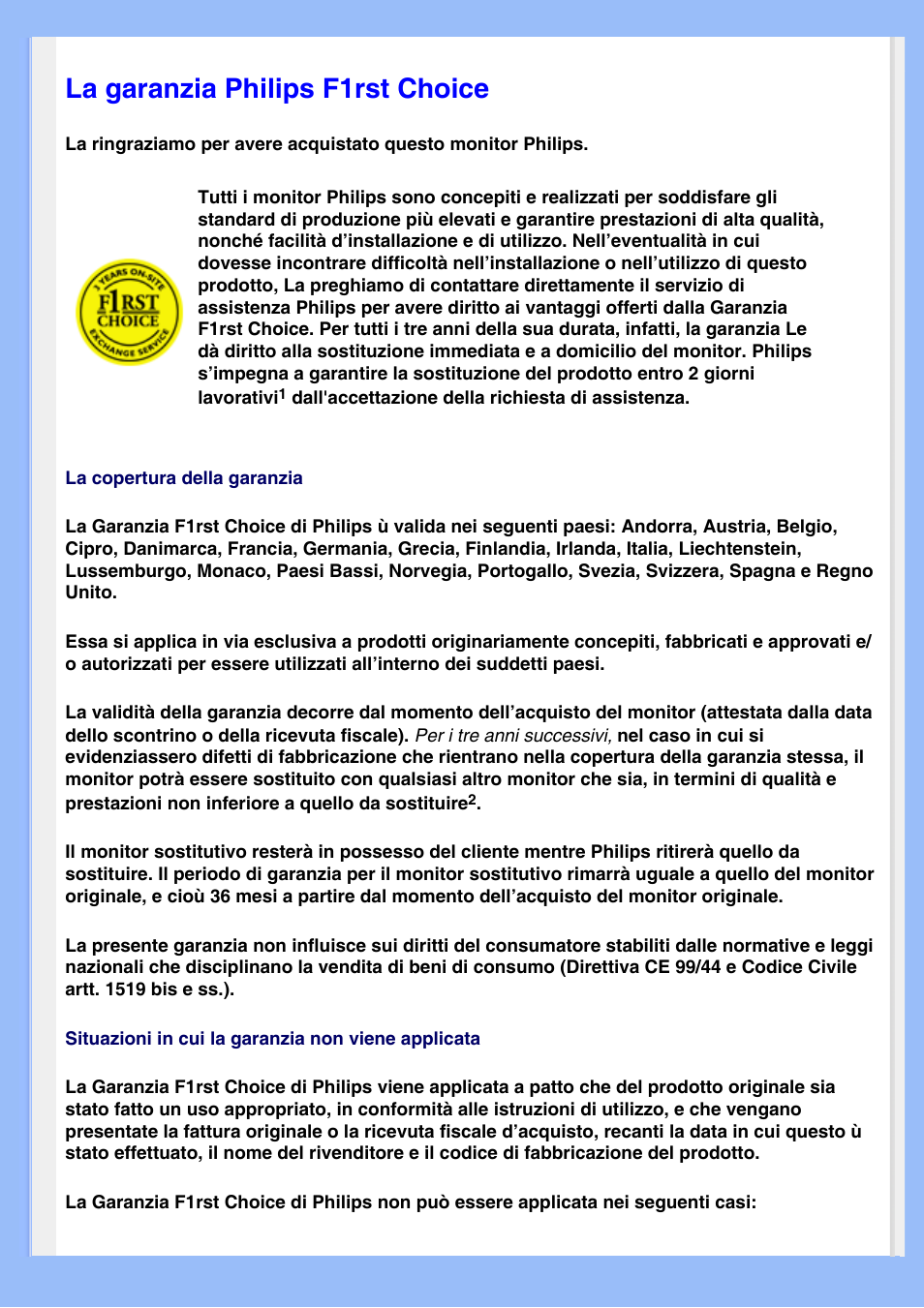 La garanzia philips f1rst choice, Europa occidentale, Austria | Belgio, Cipro, Danimarca, Francia, Germania, Grecia, Finlandia | Philips LCD MONITOR 220VW8 User Manual | Page 59 / 90