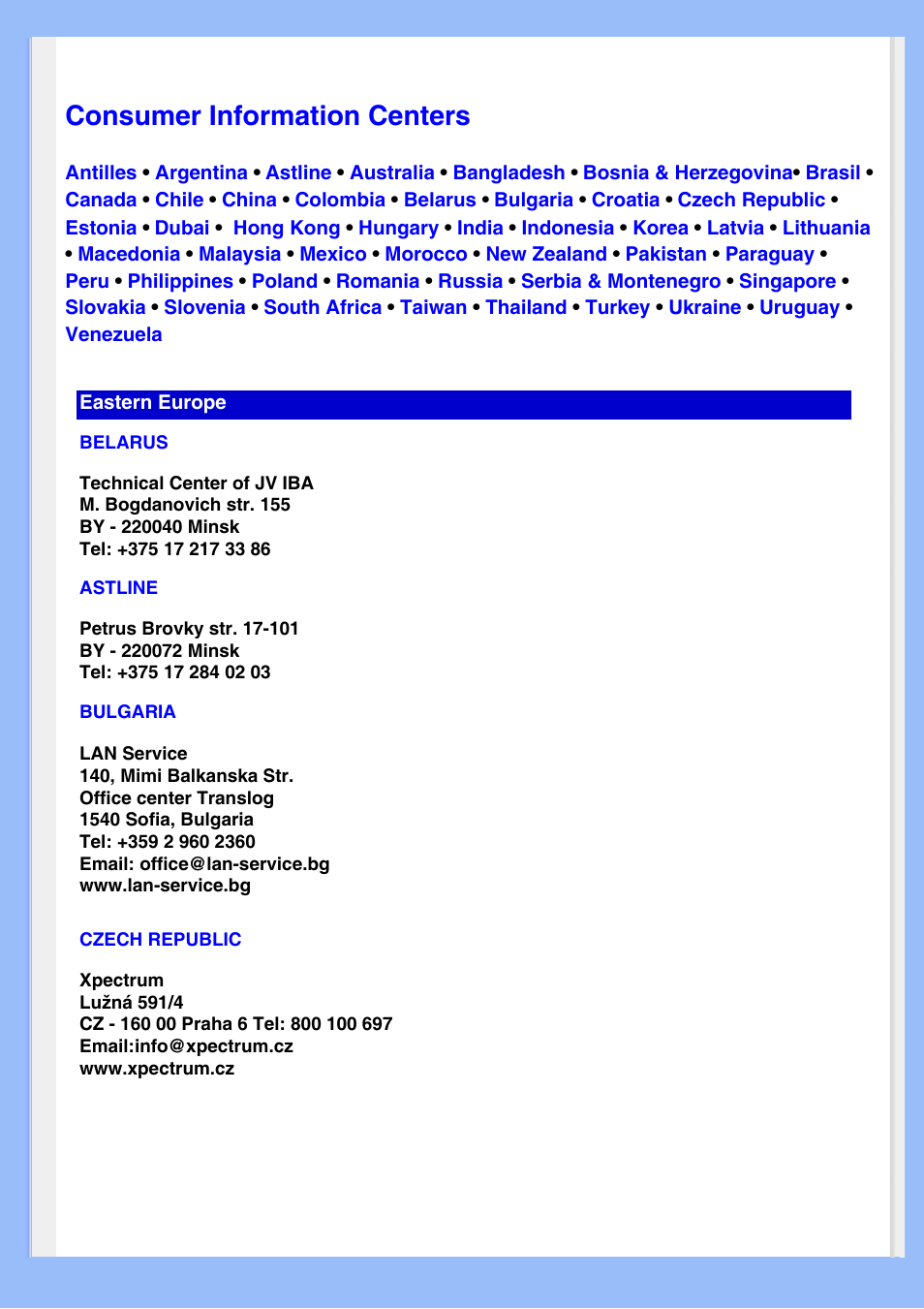 Consumer information centers | Philips LCD MONITOR 220VW8 User Manual | Page 65 / 90