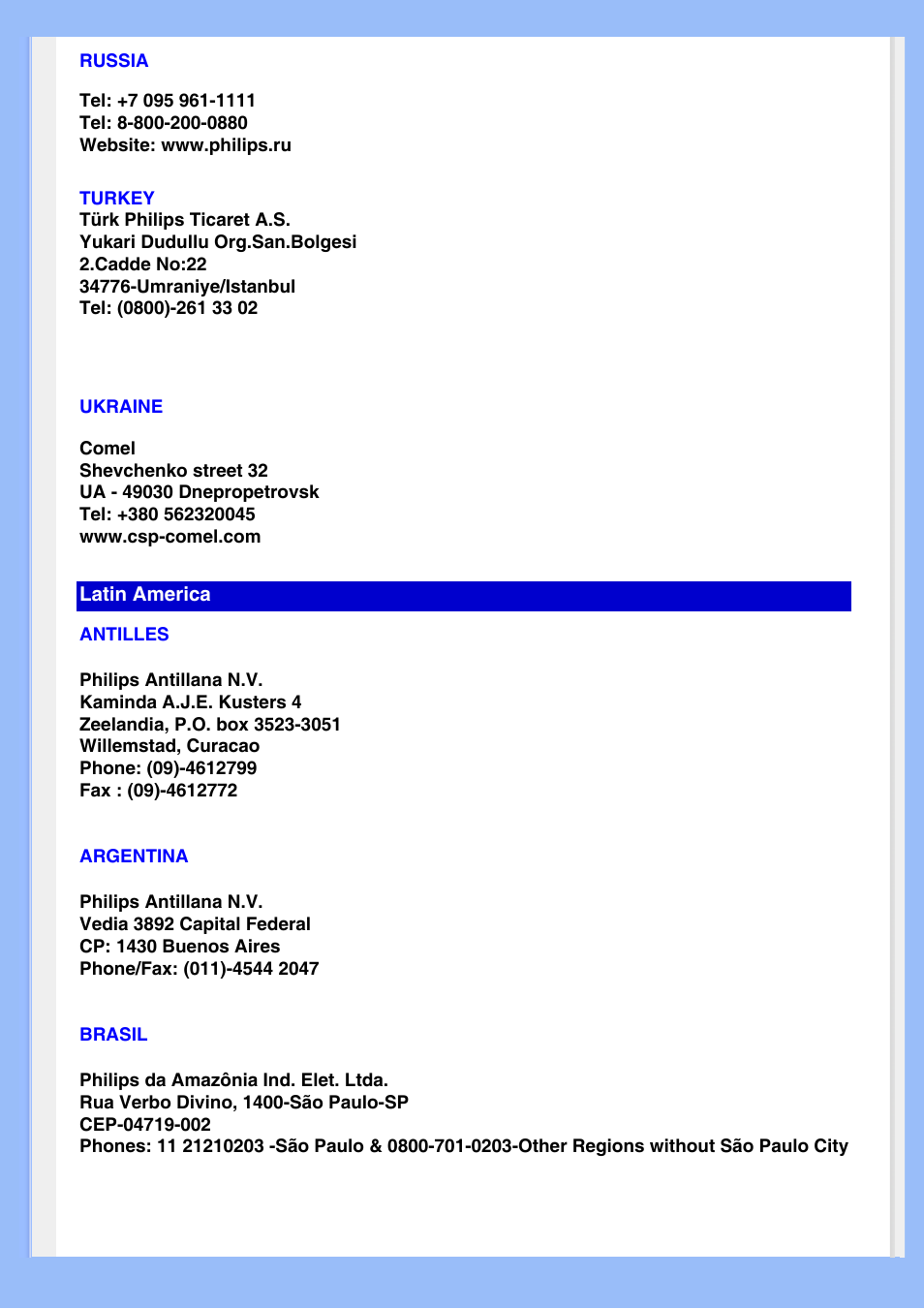 Antilles, Argentina, Brasil | Russia, Turkey, Ukraine | Philips LCD MONITOR 220VW8 User Manual | Page 68 / 90