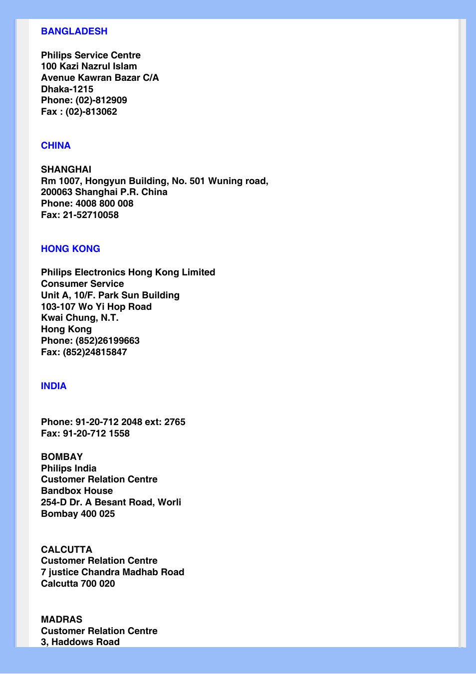 Bangladesh, China, Hong kong | India | Philips LCD MONITOR 220VW8 User Manual | Page 71 / 90