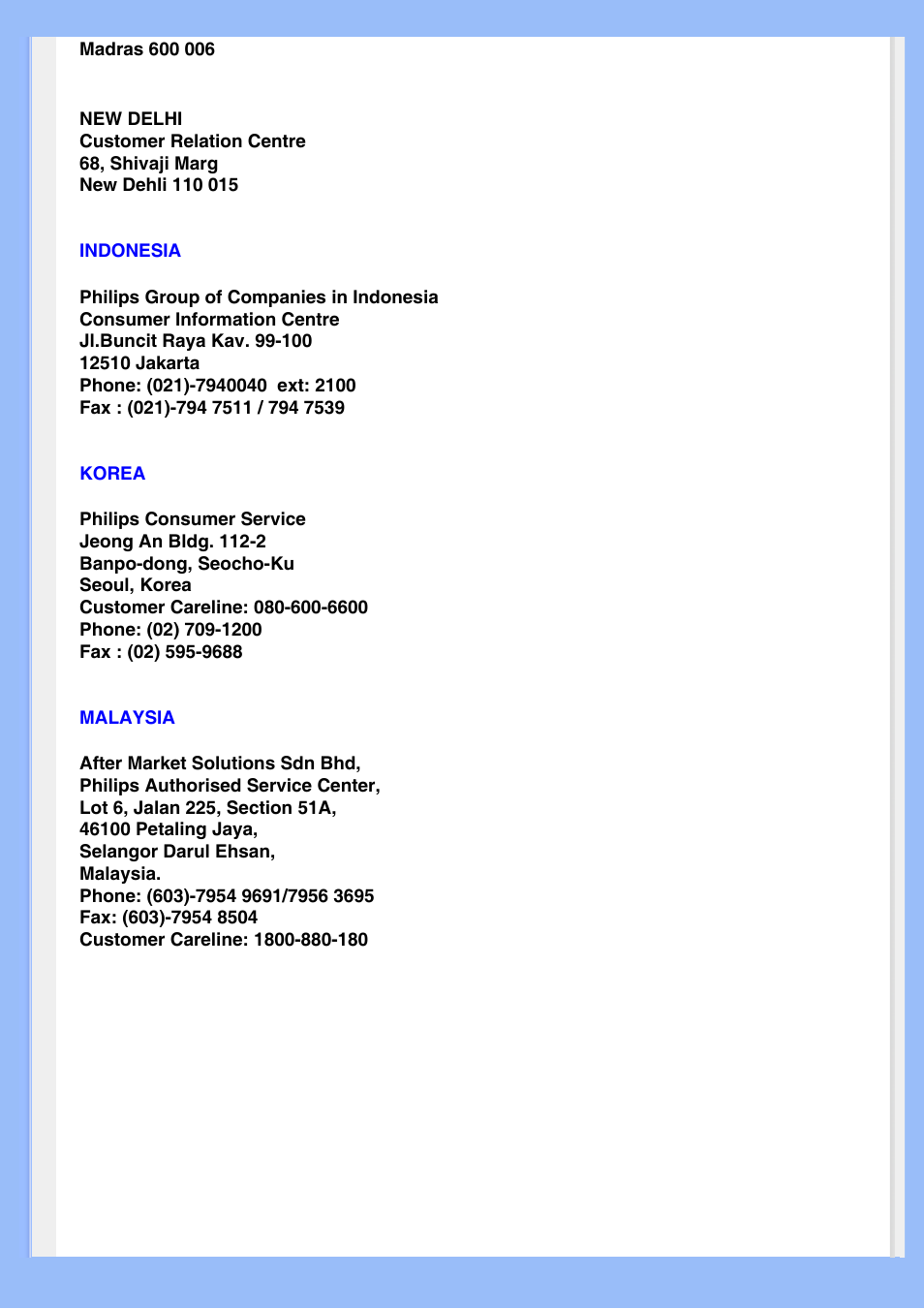 Indonesia, Korea, Malaysia | Philips LCD MONITOR 220VW8 User Manual | Page 72 / 90