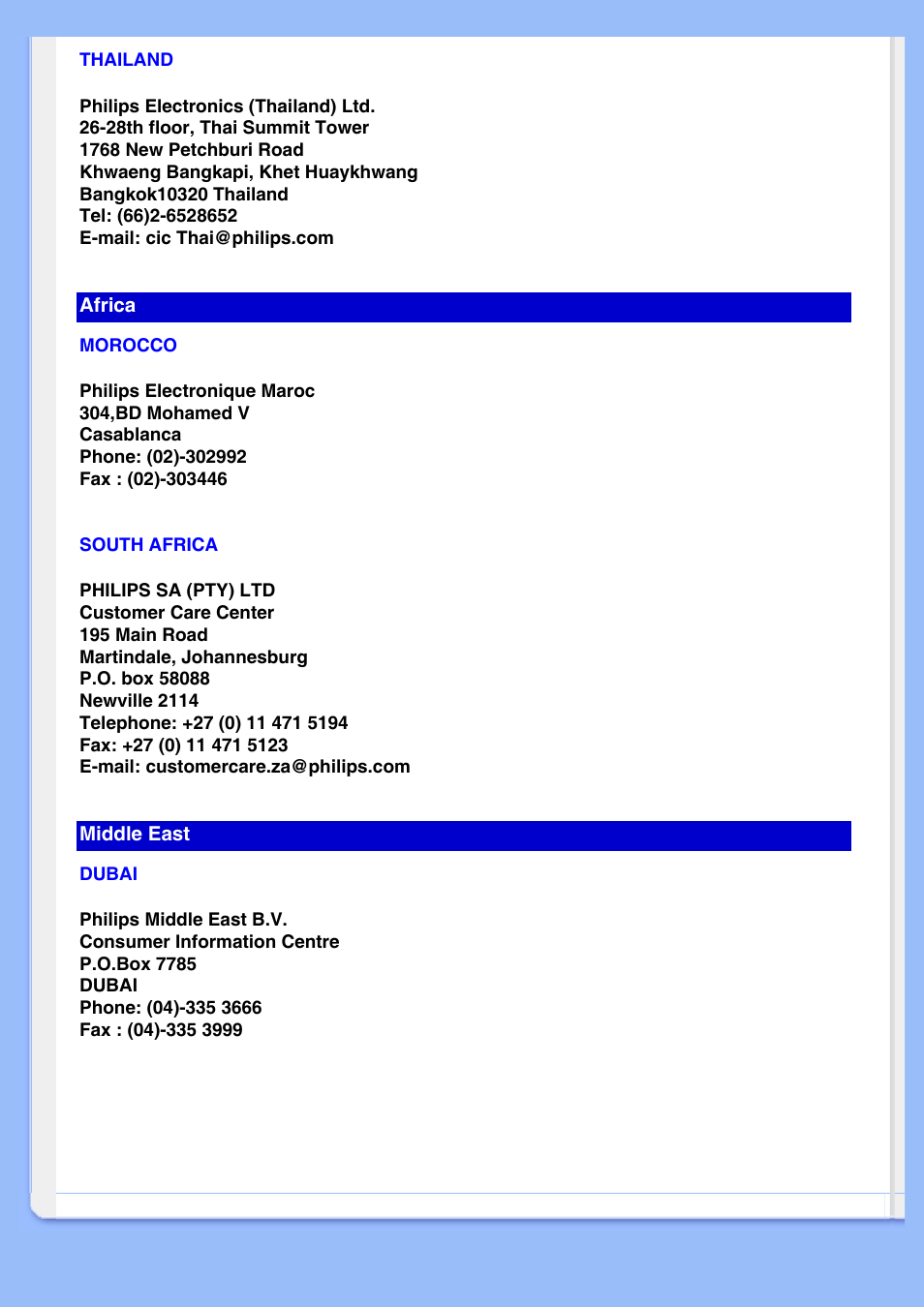 Dubai, Morocco, South africa | Thailand | Philips LCD MONITOR 220VW8 User Manual | Page 74 / 90