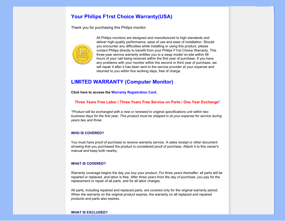 United states guarantee, Nord america, Canada | Your philips f1rst choice warranty(usa), Limited warranty (computer monitor) | Philips LCD MONITOR 220VW8 User Manual | Page 77 / 90