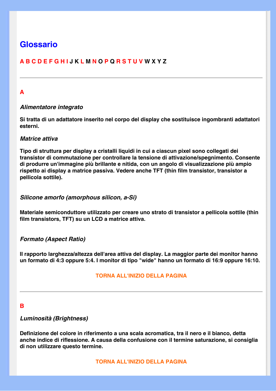 Glossario, Fornisce definizioni della terminologia tecnica | Philips LCD MONITOR 220VW8 User Manual | Page 81 / 90