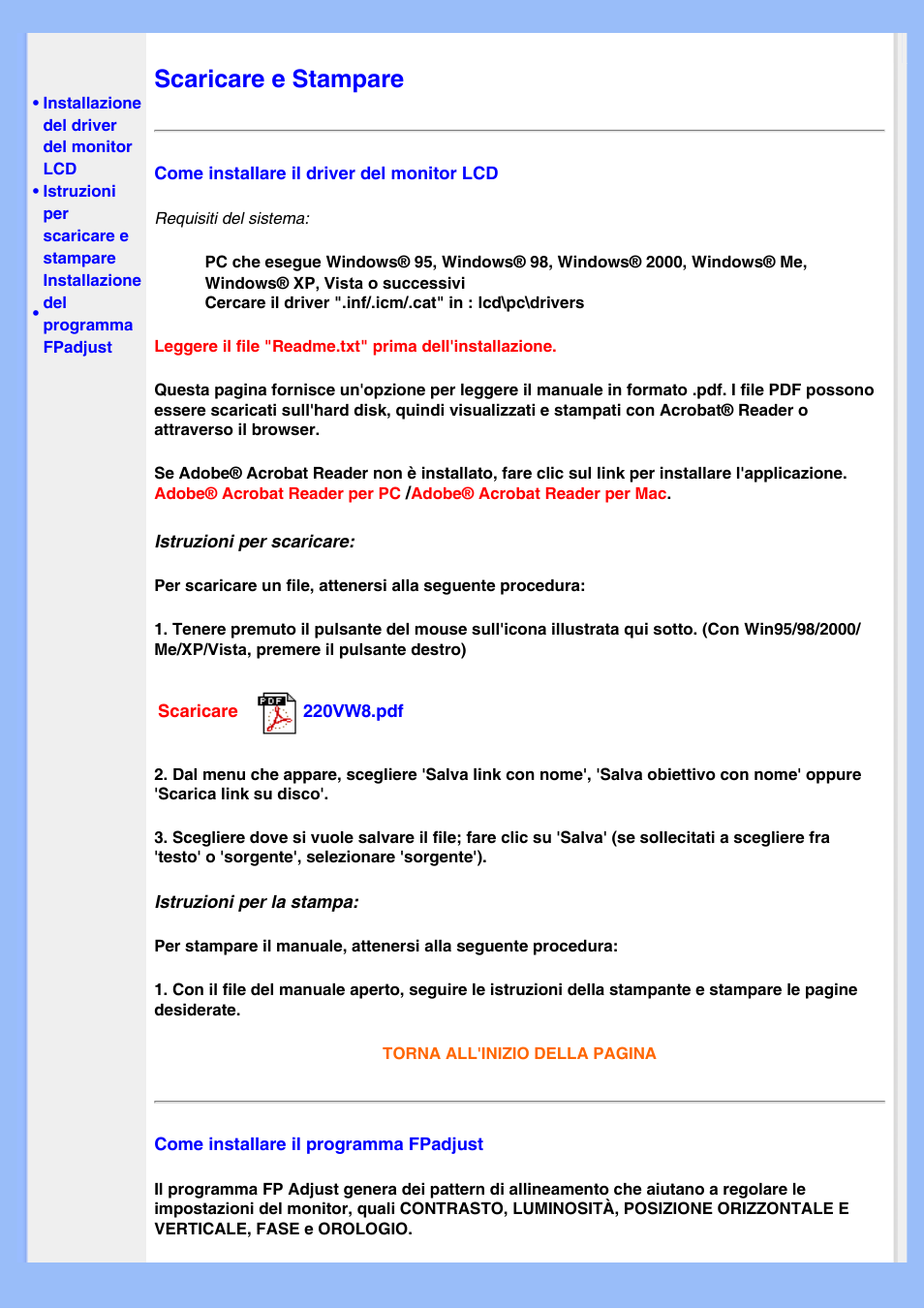 Scaricare e stampare, Opzioni di download e stampa | Philips LCD MONITOR 220VW8 User Manual | Page 89 / 90