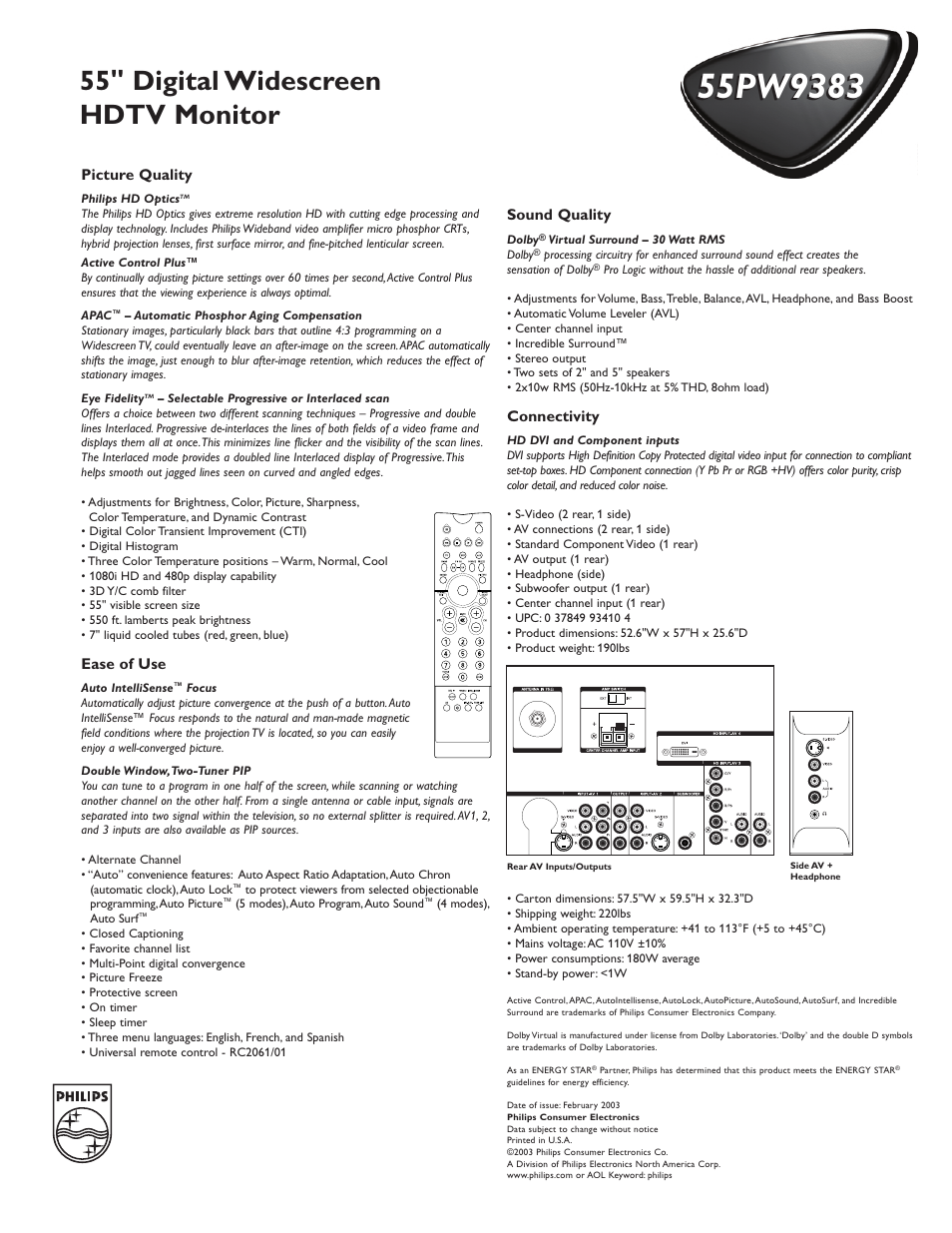 55" digital widescreen hdtv monitor | Philips 55PW9383 User Manual | Page 2 / 2