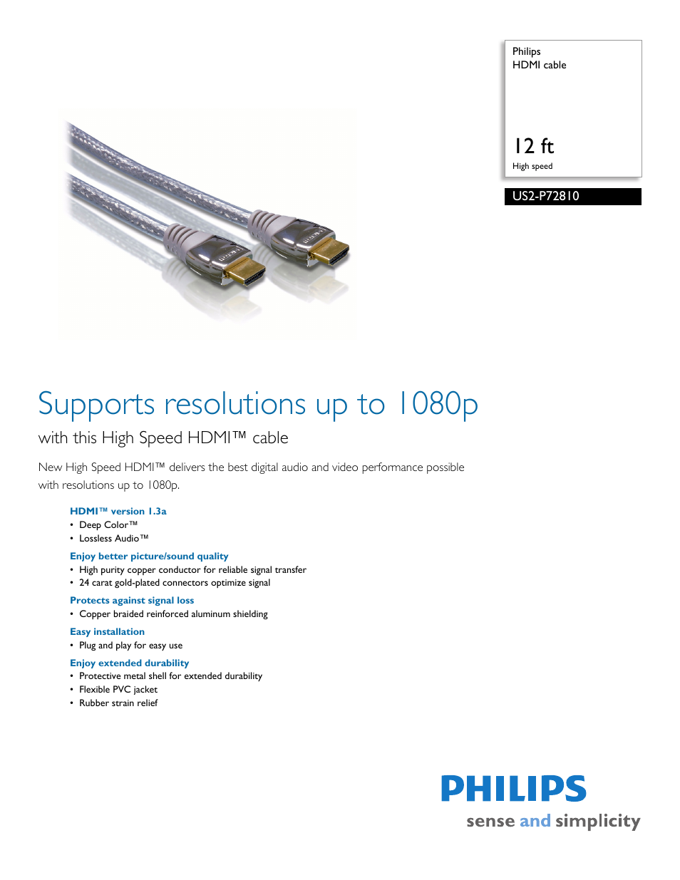 Philips HDMI Cable US2-P72810 User Manual | 2 pages