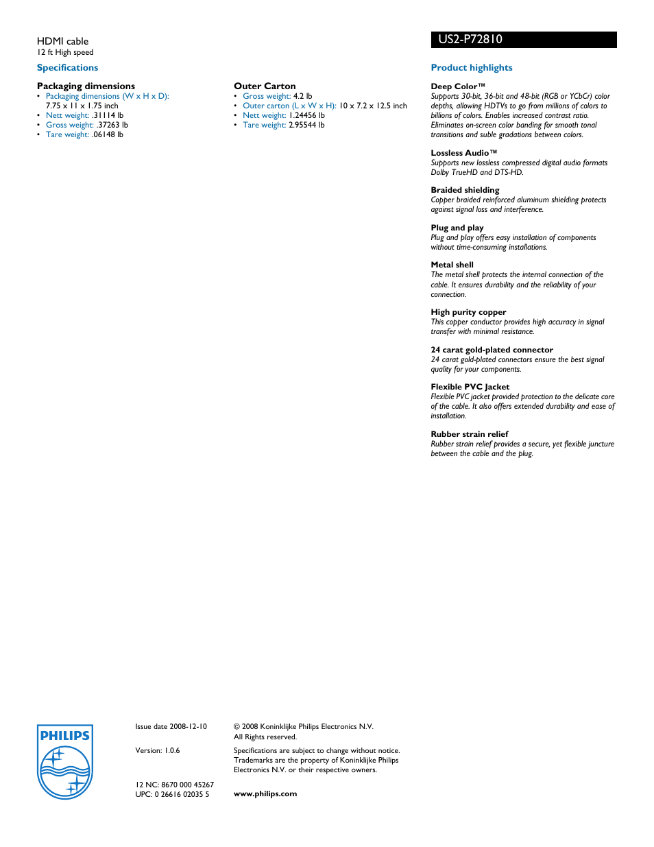 Philips HDMI Cable US2-P72810 User Manual | Page 2 / 2